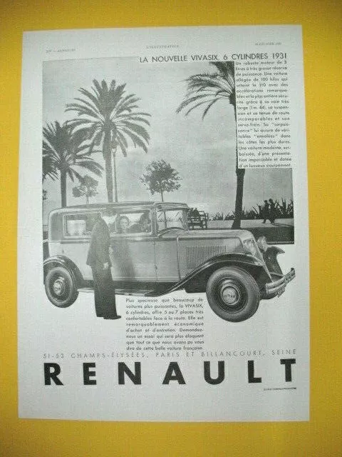Publicite De Presse Renault Automobile Nouvelle Vivasix 6 Cylindres Nice 1931