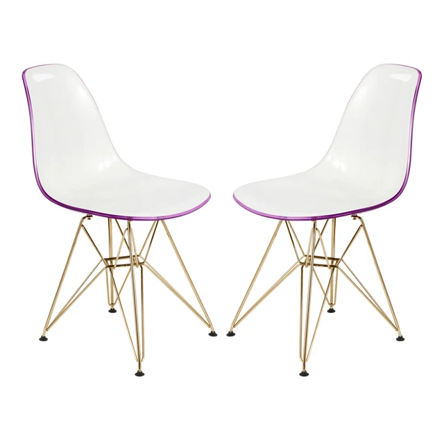 Cresco Molded 2-Tone Eiffel Side Chair With Gold Base, Set Of 2 - White Purple