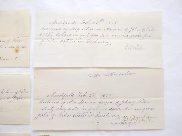 John J Pikes Estate Receipts from Payees Feb 27 1879 Marshfield Lot of 7 Papers 3