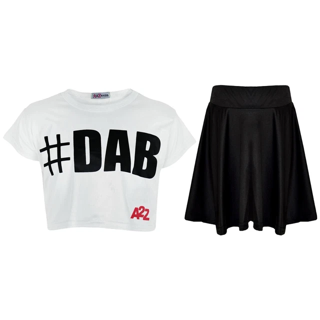 Kids Girls Crop Top #DAB White Trendy Floss Fashion Tees & Skirt Set 5-13 Years