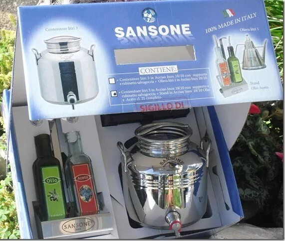 13492 Sansone Confezione Regalo Contenitore Inox. Lt. 3 Con Stand Da Tavolo Olio