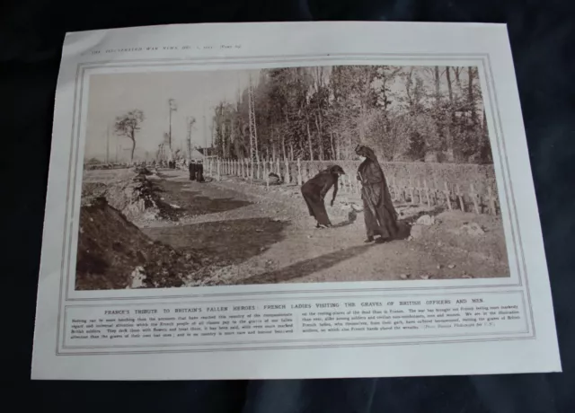 WWI Magazine Print 'French Ladies visit the graves of British troops' 10.5" x 8"