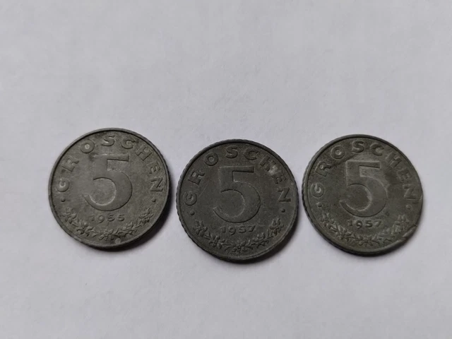 1955-1957 Austria 5 Groschen Lot of 3 Coins Uncertified Ungraded
