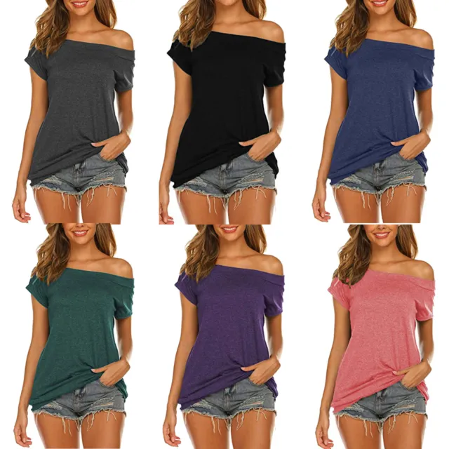 Women's Off The Shoulder Tops Summer Casual Boat Neck Short Sleeve T-Shirts