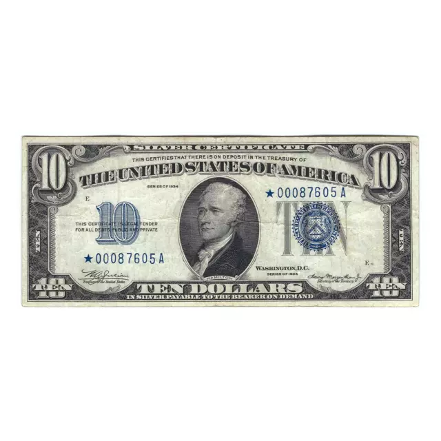 1934 $10 Small Size Silver Certificate Star Note, Julian-Morgenthau, Circulated