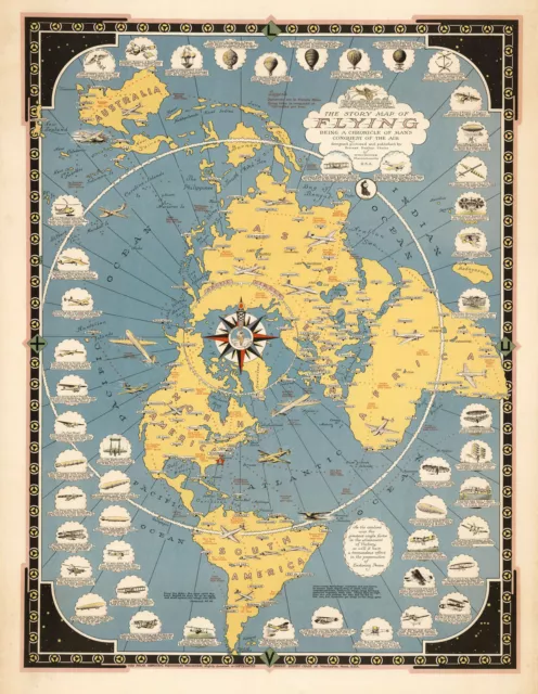 1942 Flat Earth Map Story of Flying Polar Azimuthal Equidistant Projection Print