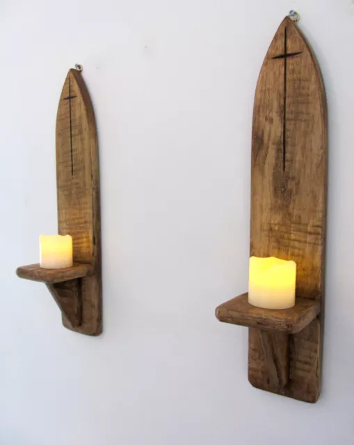 Pair 45Cm Reclaimed Wood Rustic Gothic / Church Wall Sconce Led Candle Holders