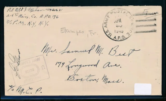 42289) US field post cover WWII, APO 176 30.4.45, Etampes France