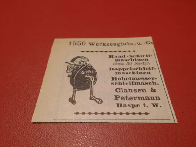 Clausen & Petermann Haspe, Hand-Schleifmaschinen Greif....:Werbeanzeige 1929