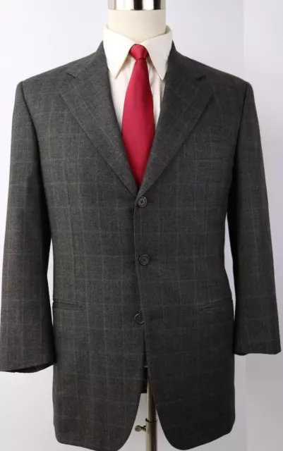 Isaia Napoli Gray Windowpane Check 3 Button Wool Cashmere Suit 40 Regular 32 30