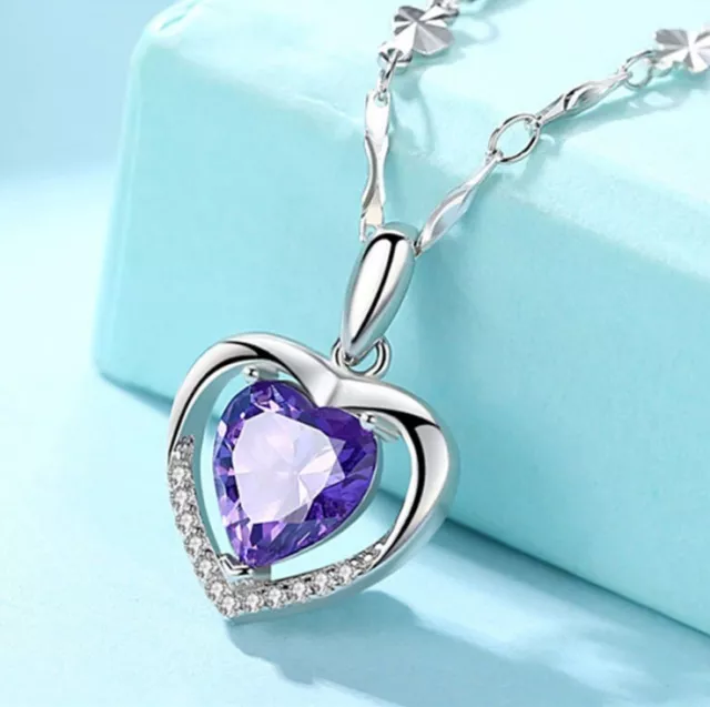 925 Sterling Silver Heart Crystal Pendant Chain Necklace Womens Jewellery New UK