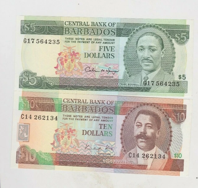 TWO 1975 P32a $5 & 1988 P38 $10 BANKNOTES FROM BARBADOS IN NEAR MINT CONDITION