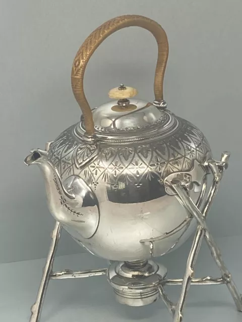 Antique Victorian Silver Plated Kettle with Stand and Burner