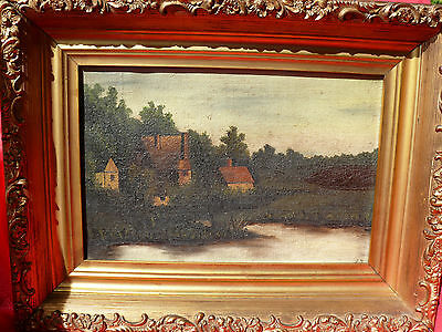 19th Century '1887' Oil on Canvas By B.W. MANN Landscape Cottages On River Scene