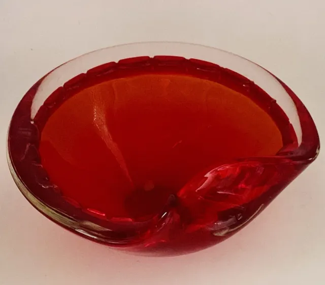VTG Stunning Murano Italy Thick Red Art Glass Swung Edge Bowl Ashtray