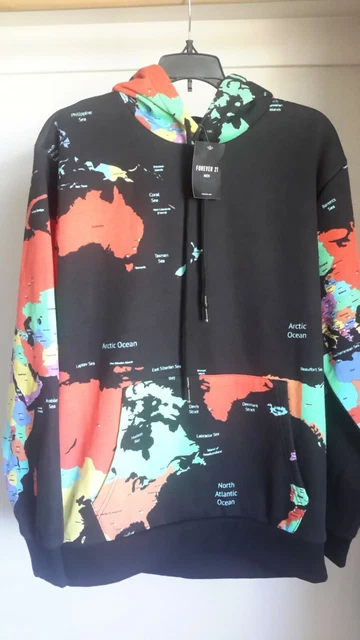 FOREVER 21 MENS M World Map Graphic Fleece Hoodie Pullover Black  /Multicolor NWT $29.99 - PicClick