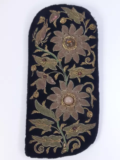 Vintage Velvet Black Beaded Eyeglass Case with Embroidered Flowers and Leaves