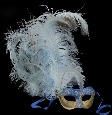 Mask from Venice Colombine Feathers Ostrich Blue Golden IN Paper Mache 22426