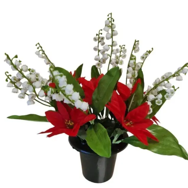 Cemetery Pot With Red Artificial Poinsettia & Lily Of The Valley Memorial Grave