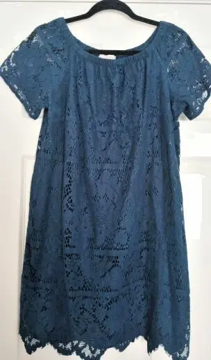 Ann Taylor LOFT Dress Size M Blue Floral Lace Short Sleeve Shift Women's Medium