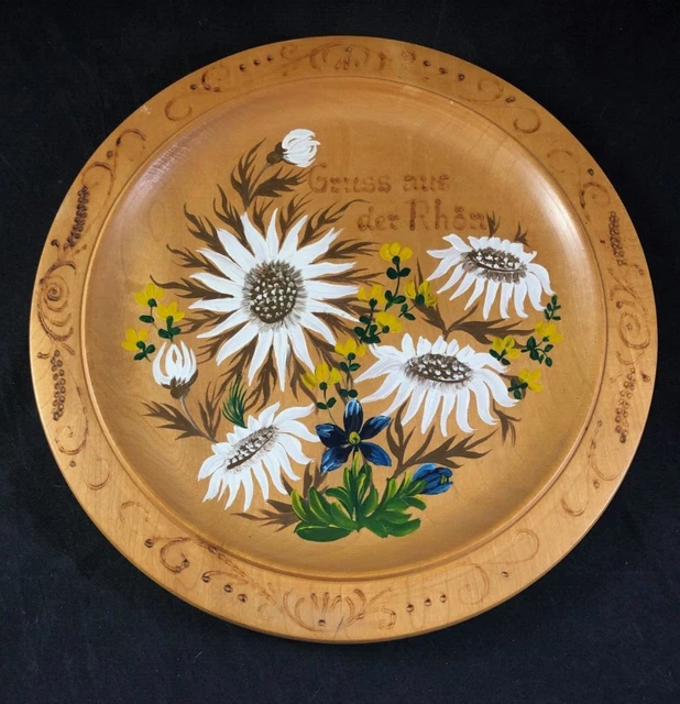 VINTAGE GERMAN HAND Painted Wooden Art Plate White & Yw Flowers Rhon