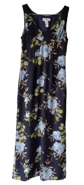 Vtg Rampage Black Blue Rose Floral Print Sleeveless Dress Empire Waist Jr 9 Long