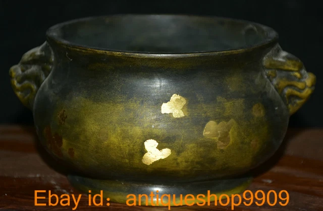 8 " Xuande Marked China Bronze Gilt Dynasty Dragon Beast Handle incense burner