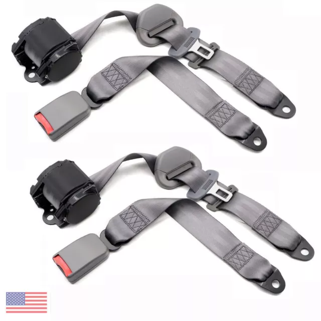 2 PCS 3-Point Gray Universal Car Strap Retractable & Adjustable Safety Seat Belt