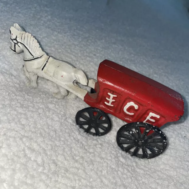 Vintage Cast Iron White Horse Drawn Red Ice Cart Buggy Wagon Toy Antique