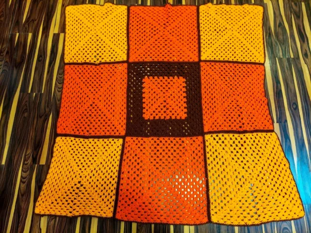 GRANNY Brown & Orange Afghan Squares Knitted Crochet Blanket Couch Throw Vintage