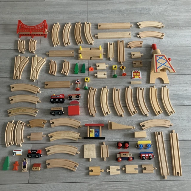 GRANDE PACCHETTO BINARIO MISTO LEGNO 80 articoli lotto 18 ponte albero treno Thomas BRIO ECC