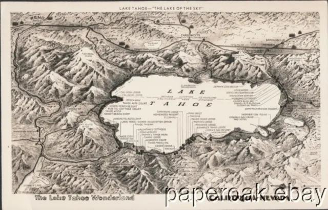 ca1940 Lake Tahoe California-Nevada Map Postcard With Resorts Listed