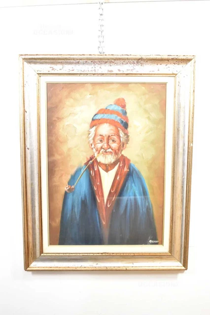 Quadro Dipinto Mugnano Raffigurante Uomo Anziano Con Pipa 72 X 92 Cm