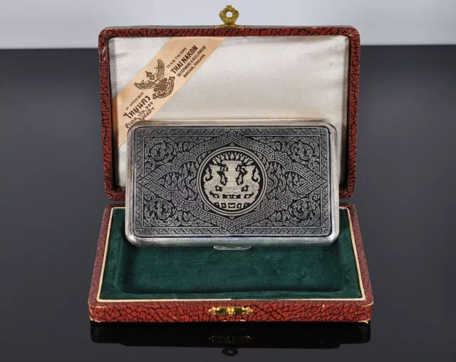 Sterling silver Niello cigarette case, Thai Nakon, Thailand, mid-20th century