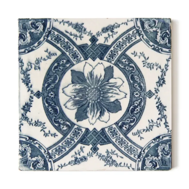 Antique Tile Victorian Aesthetic Rococo Majolica English Floral Steel Blue White