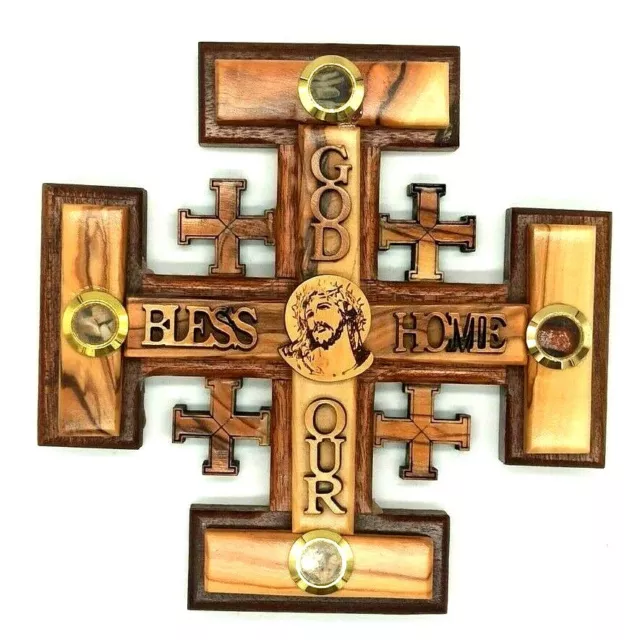 Cross Wood Jesus GOD BLESS OUR HOME Wall Hand Made Jerusalem  Holy Land Gift