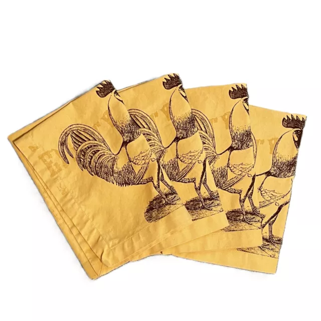 WILLIAMS SONOMA TABLE NAPKINS Yellow with Rooster COTTON 4 Napkin Set