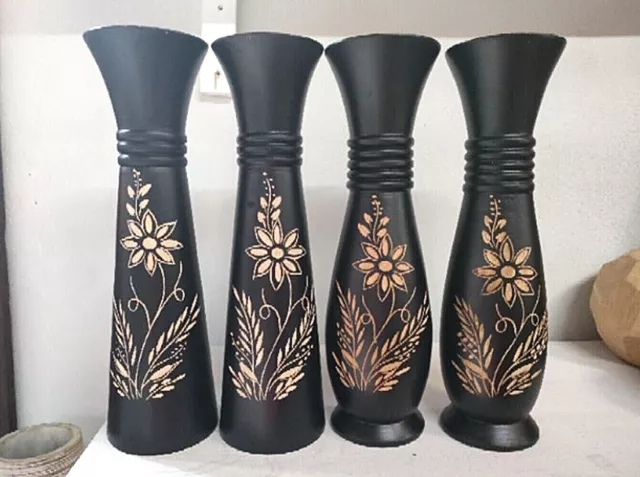 1 Pc Wood Vase Flower Carving Home Thai Handmade Tall Shade 14 x 4 inch (H x W)