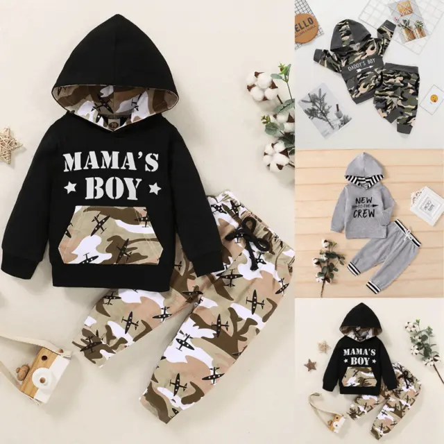 Kids Toddler Baby Boys Camo Hooded Tracksuit Jumper Tops + Pants Outfits Clothes