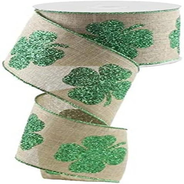 Clover Glitter Wired Edge Ribbon, 2.5" x 10 Yards (Light Natural, Grass Green)