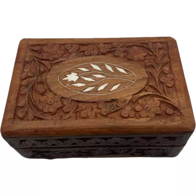 Caja de baratijas tallada a mano selva del Himalaya Sheesham madera con bisagras diseño de incrustación india 2