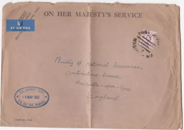 1957 GB OHMS cover sent from RN Armament Depot Mombasa to Newcastle-upon-Tyne UK