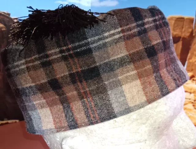 SMOKING CAP Reproduction 1800's Victorian Style Brown Plaid 100% Wool Size Large