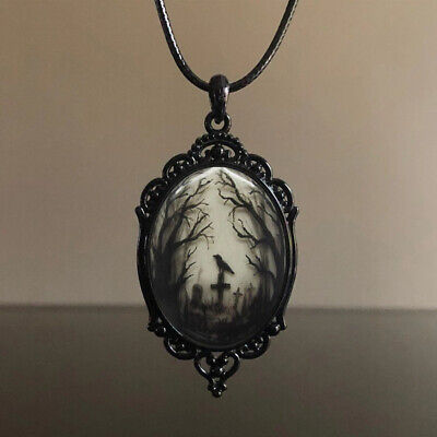 Halloween Gothic Crow Pendant Oval Resin Necklace Women Men Party Band Jewelry