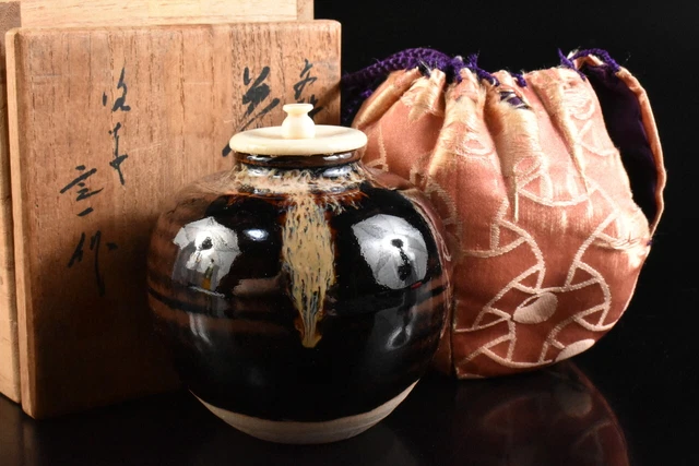 M2371: Japanese Zeze-ware TEA CADDY w/High class lid w/Cover w/signed box