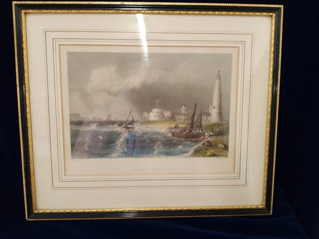 HURST CASTLE OLD COLOURED PRINT c1840 W H BARTLETT HAMPSHIRE (FRAMED)