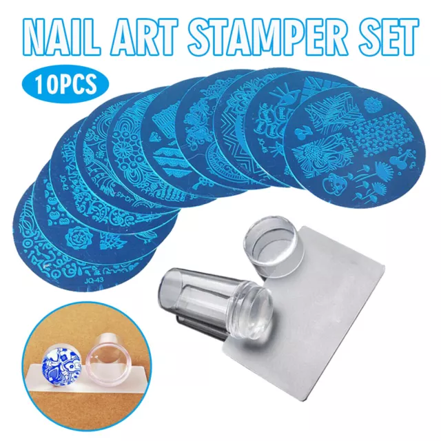 10x Stamping Plate Stencil Template + Nail Art Stamper with Scraper Kit Set Tool