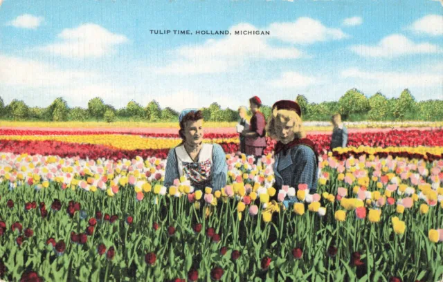 Holland MI Michigan, Tulip Time, Two Women in Field, Vintage Postcard