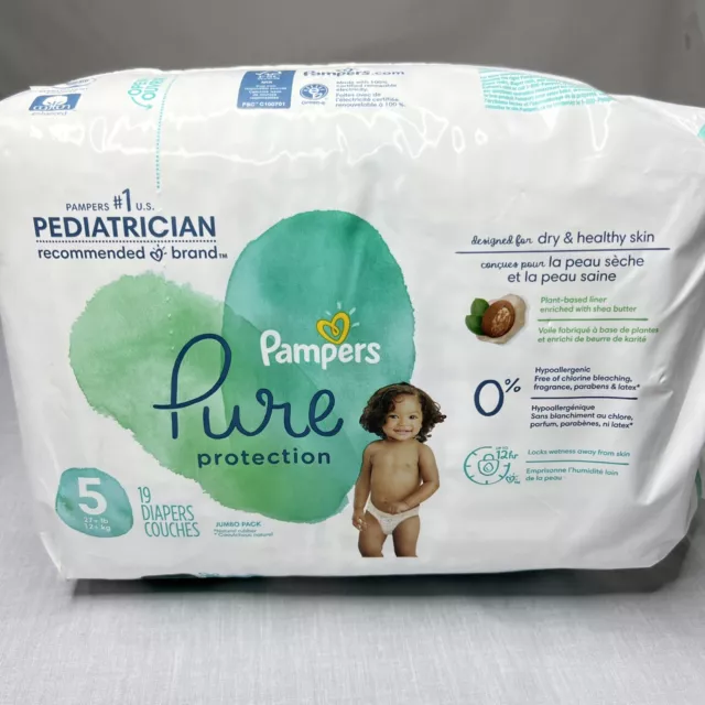 Pampers Pure Protection, Size 5, 27+ lb, 19 Diapers Babies Toddlers 12hr 3