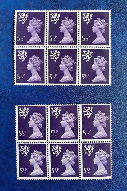 GB QEII MNH Scotland BLOCKS OF 6 SG S21  2B + S22 CB 5 1/2p Regional Machin